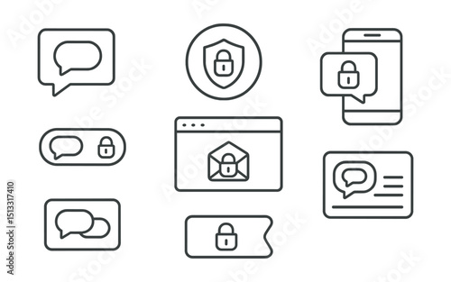 Free Download Line style icons of cybersecurity and privacy: secure messaging icon, chat encryption badge, private message screen, end-to-end chat toggle, secure inbox panel, protected conversation card, - GFXLoad