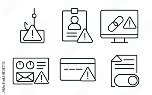 Line style icons of cybersecurity and privacy: phishing alert icon, fake login badge, suspicious link warning screen, scam detector panel, fraud attempt card, deceptive page symbol, email trap toggle
