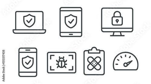 Line style icons of cybersecurity and privacy: endpoint protection icon, device security badge, workstation lockdown screen, mobile defense panel, antivirus scan card, patch status tracker, endpoint