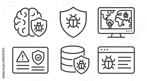 Line style icons of cybersecurity and privacy: threat intelligence icon, threat feed badge, indicators of compromise panel, threat source map screen, vulnerability report card, threat database layout