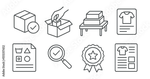 Line style icons of small business logistics: product ready icon, pick and pack flow, items grouped on table, custom item card, care instructions printed, final quality check icon, personal seal