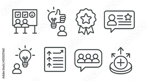 Line style icons of customer interaction: community feedback board, idea voting icon, most helpful suggestion badge, featured user comment, top-voted idea icon, trending feedback list, customer forum