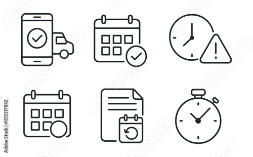 Line style icons of in-store pickup: pickup schedule screen, calendar with pickup slot, time window badge, scheduled time reminder, delayed pickup alert, available slot selector, reschedule pickup