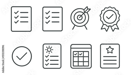 Line style icons of goals and achievements: checklist icon, marked tasks list, goal progress tracker, completed item badge, success tick symbol, daily goal sheet, habit tracker card, achievement log.
