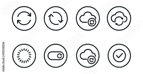 Line style icons of cloud sync: sync arrows in circle, two arrows rotating, cloud with sync badge, real-time sync symbol, refresh in cloud icon, continuous update ring, auto-sync toggle, sync