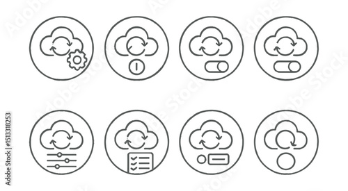 Line style icons of cloud sync: sync settings icon, sync frequency control, hourly sync badge, manual vs auto toggle, cloud sync preferences, rules icon in sync, interval setting symbol, custom flow