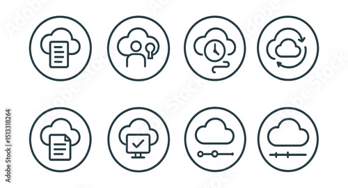 Line style icons of cloud security: activity log icon, user tracking symbol, cloud with clock and path, history of access ring, file log entry icon, monitored session badge, audit trail chart, usage