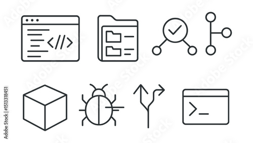 Line style icons of development tools: IDE screen, file structure, Git commit icon, version control tree, package manager, debugger bug, code merge arrows, terminal prompt.