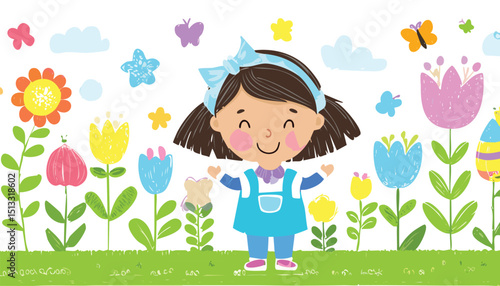 Flower kid crayon pencil vector. Childish spring floral background. Child color crayon chalk hand drawn with plant grass and spring flower. Pastel kid draw illustration.blackboard, border, chalk, 