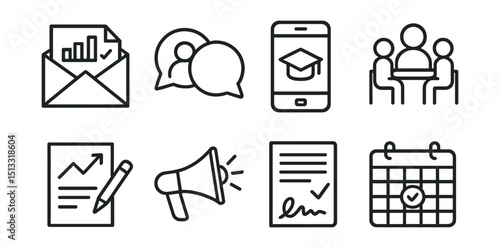 Line style icons of parent-teacher communication: report envelope, parent chat icon, school app, family meeting symbol, progress update note, school announcement, signed form, guardian calendar.