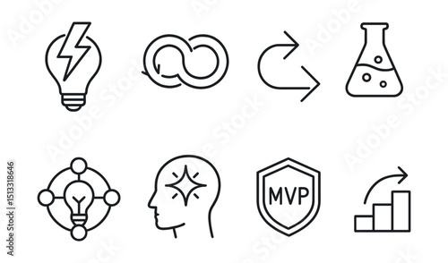 Line style icons of innovation and agility: lightning innovation icon, agile loop, pivot symbol, experimentation flask, innovation hub, future thinking icon, MVP badge, iterative progress.