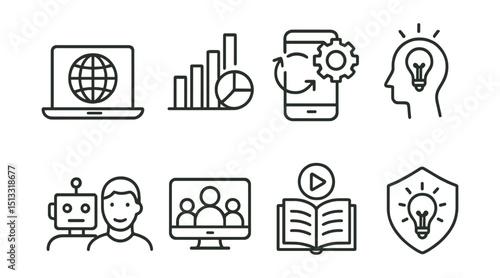 Line style icons of future skills: digital literacy, data fluency, tech adaptability, critical thinking icon, AI collaboration, remote team skills, continuous learning icon, innovation badge.