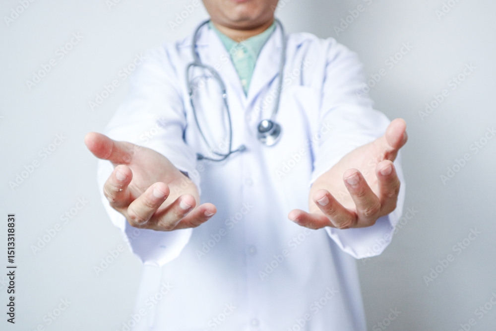 Closeup of unrecognizable doctor holding invisible object on his open palms, standing over white background, cropped image Closeup of unrecognizable doctor holding invisible object on his open palms, standing over white background, cropped image