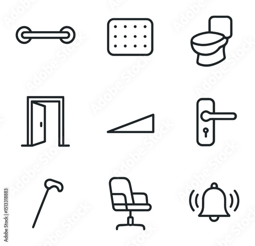 Accessibility Home Icons. Outline icon set of accessibility home features: grab bar, non-slip mat, raised toilet seat, walking