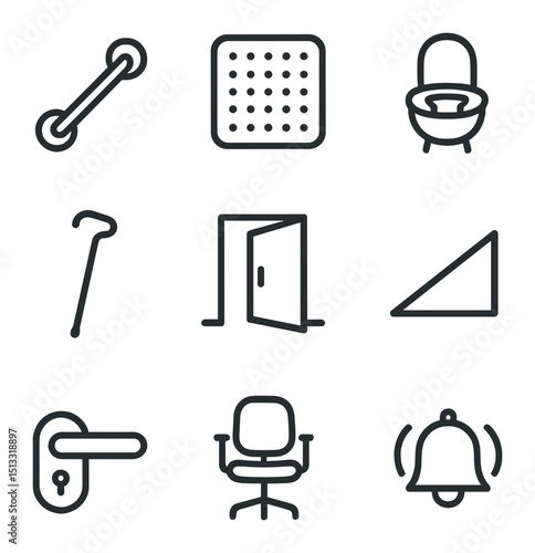 Accessibility Home Icons. Outline icon set of accessibility home features: grab bar, non-slip mat, raised toilet seat, walking