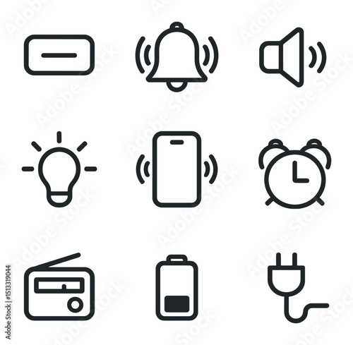 Alarm Clock Icons. Outline icon set of alarm clock functions: snooze button, alarm bell icon, volume control, backlight, vibration