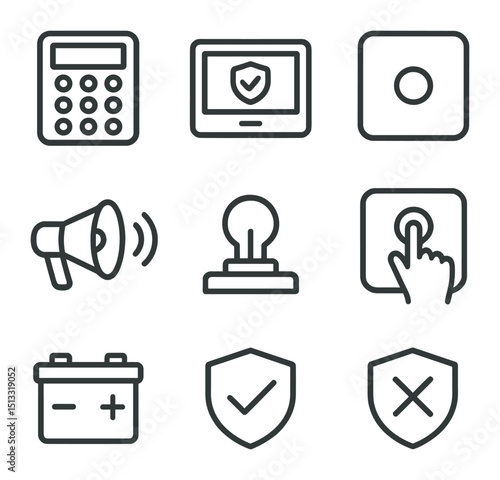 Alarm Control Panel Icons. Outline icon set of alarm control panels: keypad, touchscreen display, central hub, siren speaker,