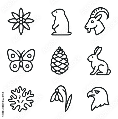Alpine Flora and Fauna. Outline icon set of alpine flora and fauna: edelweiss flower, marmot silhouette, ibex head, alpine