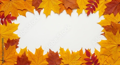 autumnal leaves frame, vibrant orange and yellow maple leaves, empty white center, nature, peaceful, serene, seasonal, calming, fall foliage

