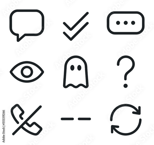 Communication Icons Grid. Outline icon set of communication and ghosting behaviors: chat bubble, read receipt, typing indicator,
