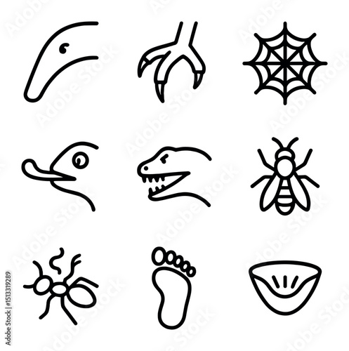 Ant Predators Icons. Outline icon set of ant predators and threats: anteater snout, bird talon, spider web, frog tongue, lizard
