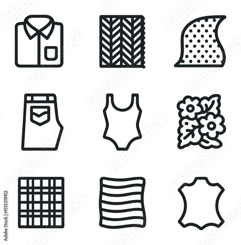 Apparel Fabric Icons. Outline icon set of apparel fabric categories: shirting cotton, suiting tweed, activewear mesh, denim jean,