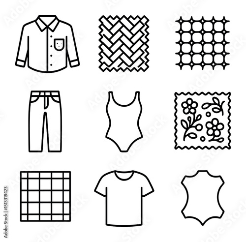 Apparel Fabric Icons. Outline icon set of apparel fabric categories: shirting cotton, suiting tweed, activewear mesh, denim jean,