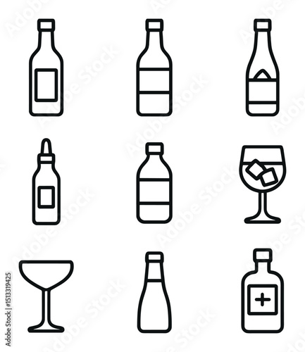 Outline Aperitifs Icons. Outline icon set of aperitifs and digestifs: Campari, Aperol, vermouth, bitters bottle, soda water,