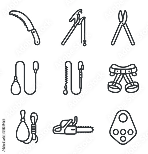 Arborist Tools Icons. Outline icon set of arborist toolset: pruning saw, pole pruner, lopper, rope lanyard, shock absorber, saddle