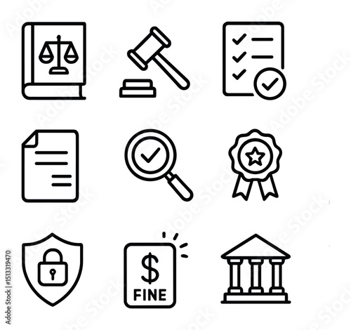 Compliance Icon Set. Outline icon set of compliance and regulatory risk: law book, gavel, compliance checklist, audit magnifier,