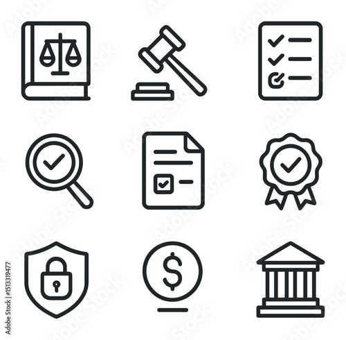 Compliance Icon Set. Outline icon set of compliance and regulatory risk: law book, gavel, compliance checklist, audit magnifier,