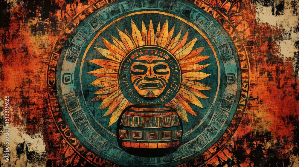 Fototapeta premium Aztec sun stone representation with a textured background in orange and teal.