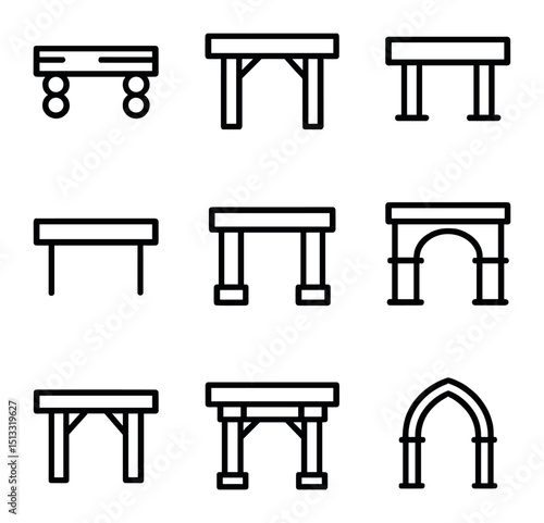 Architectural Beam Icons. Outline icon set of beam in different architectural styles: rustic cabin, Tudor timber frame, industrial