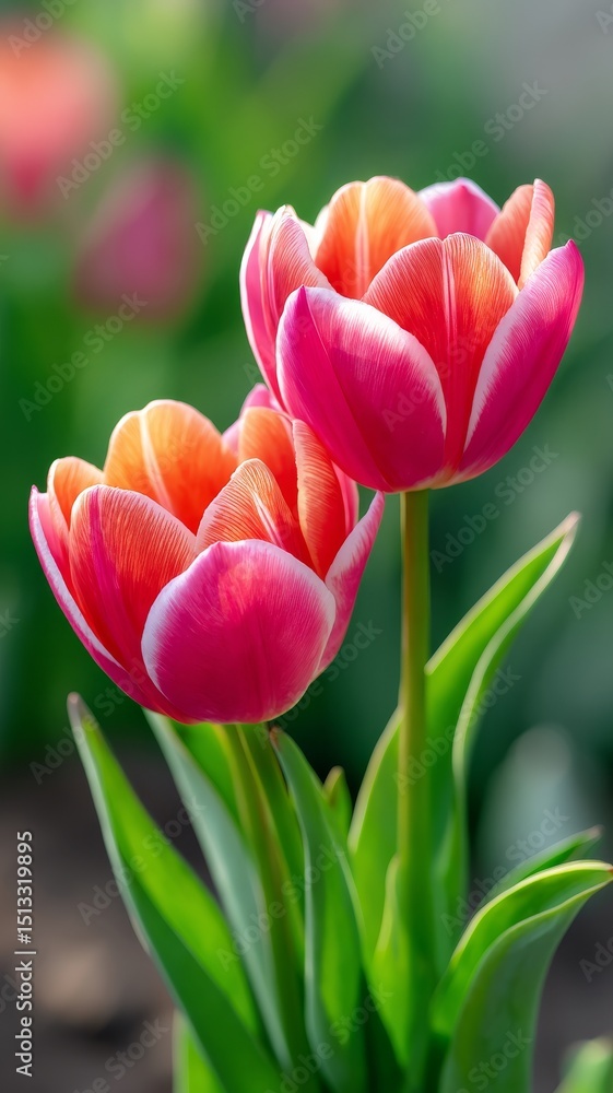 Naklejka premium Close-Up of Vibrant Pink and Orange Tulips Blooming in a Lush Green Garden During Spring Season