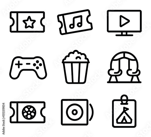 Entertainment Icon Set. Outline icon set of entertainment spending: cinema ticket, concert ticket, streaming subscription, game