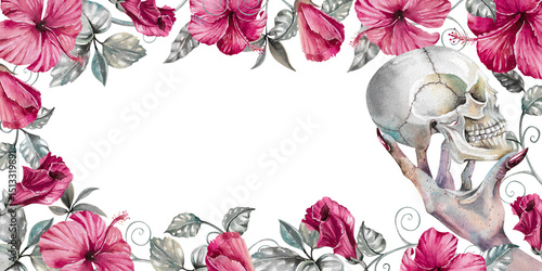 Cuadro en lienzo Scary witch hand holding human skull with dark pink hibiscus flowers drawn watercolor illustration