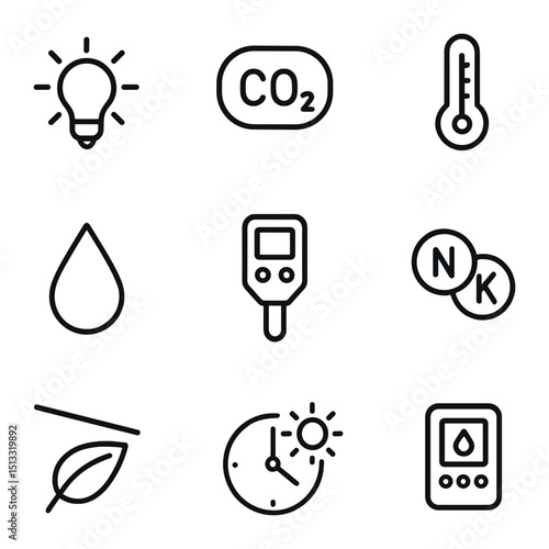 Environmental Factors Icons. Outline icon set of environmental factors: light intensity, CO₂ concentration, temperature gauge,
