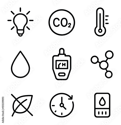 Environmental Factors Icons. Outline icon set of environmental factors: light intensity, CO₂ concentration, temperature gauge,