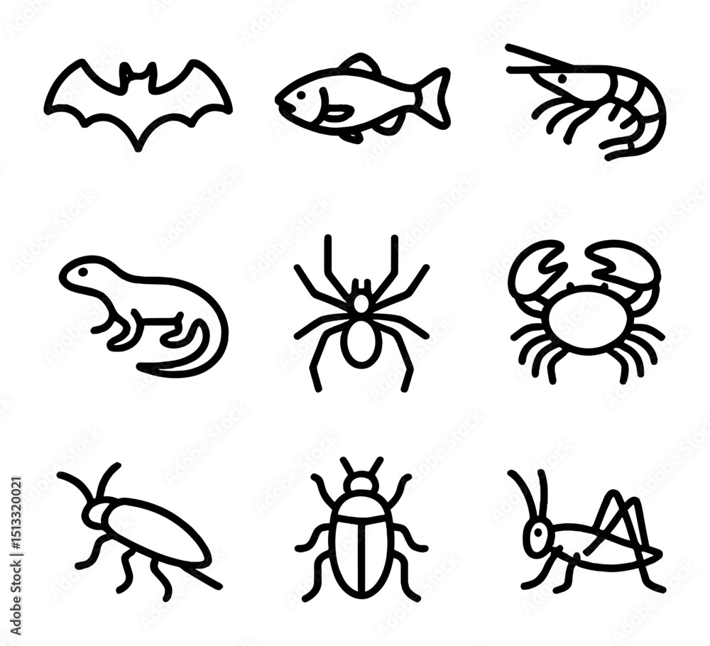 Naklejka premium Cave Animal Icons. Outline icon set of cave-dwelling animals: bat silhouette, cave fish, blind shrimp, cave spider, salamander,