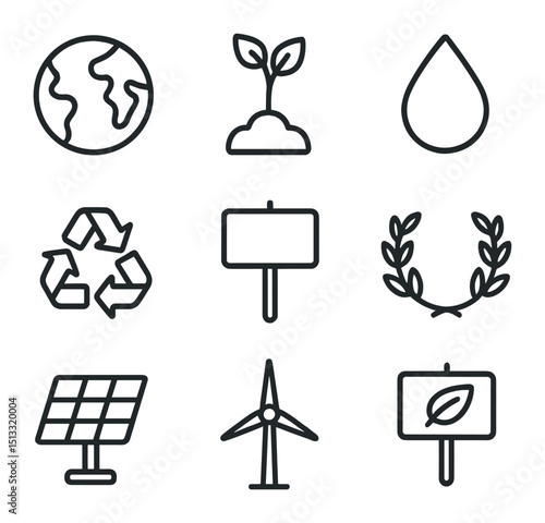 Environmental Protest Icons. Outline icon set of environmental peace protest: earth icon, tree sapling, water droplet, recycling
