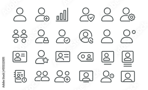Line style icons of user profiles and access: user icon, account role, access level, permissions badge, profile settings, multi-user grid, user lock icon, verified user, contact profile, activity