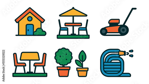 Flat vector icons of gardens and outdoor space: front yard, backyard patio, garden bed, lawn mower, outdoor furniture, potted plants, hedge fence, watering hose.