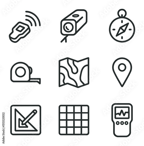 Cave Mapping Tools Icons. Outline icon set of cave mapping tools: sonar scanner, laser rangefinder, compass, survey tape, topo map