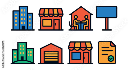 Flat vector icons of commercial real estate: office building, retail space, coworking hub, commercial lease, signage area, business park, loading dock, storefront icon.