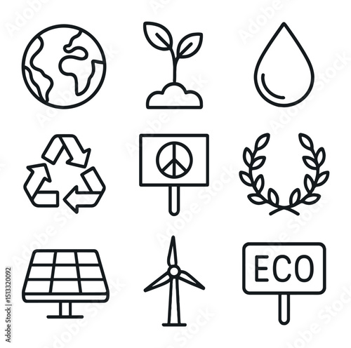 Environmental Protest Icons. Outline icon set of environmental peace protest: earth icon, tree sapling, water droplet, recycling