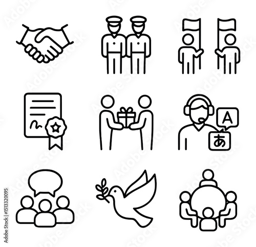 Cooperation Icon Set. Outline icon set of cooperation and liaison actions: handshake agreement, joint patrol, flag meeting,