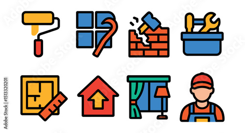 Flat vector icons of renovation and remodeling: paint roller, tile replacement, wall demolition, tool kit, renovation plan, home upgrade, room makeover, handyman icon.