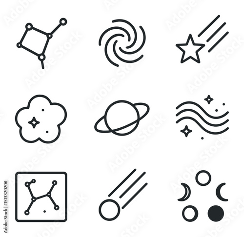 Cosmic Energy Icons. Outline icon set of cosmic energy: star constellation, galaxy swirl, shooting star, nebula cloud, planet ring
