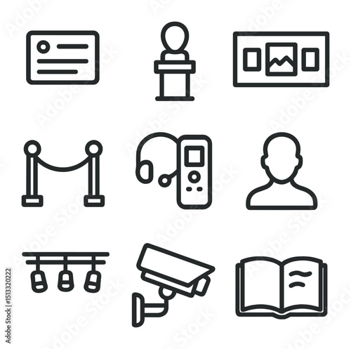 Exhibition Icon Set. Outline icon set of exhibition guests: art plaque, pedestal display, gallery wall, velvet rope, audio guide,