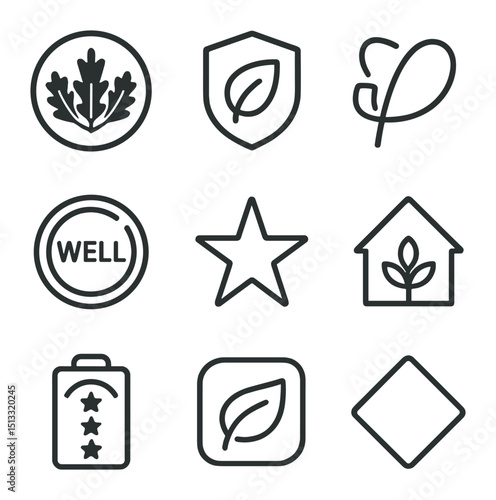 Certification Icons Grid. Outline icon set of certification and rating systems: LEED plaque, BREEAM badge, Passive House logo,